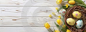 Happy Easter holiday celebration banner with painted eggs in bird nest basket and yellow tulip flowers