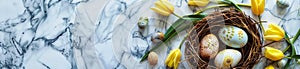 Happy Easter holiday celebration banner with painted eggs in bird nest basket and yellow tulip flowers