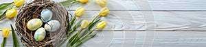 Happy Easter holiday celebration banner with painted eggs in bird nest basket and yellow tulip flowers