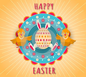 Happy Easter holiday. Egg with bunny ears and paws, two funny chickens on a colorful floral background.