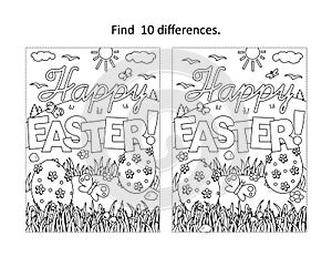 `Happy Easter!` holiday greeting find the differences picture puzzle and coloring page