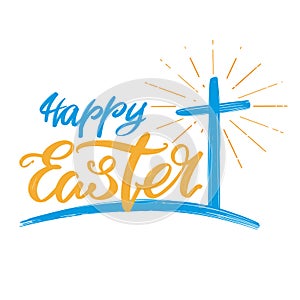 Happy Easter holiday religious calligraphic text, cross symbol of Christianity hand drawn vector illustration sketch