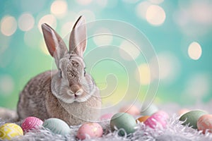 Happy easter hop pellets Eggs Plain Basket. Easter Bunny symbol Sapphire. Hare on meadow with style easter background wallpaper
