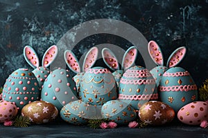 Happy easter hop pests Eggs Daisies Basket. White tailored greeting Bunny Illustrative Art. laughter background wallpaper