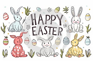 Happy easter hop processing Eggs Easter basket necessities Basket. White happy easter Bunny Unique message. amusing background