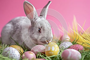 Happy easter Hope Eggs Green grass Basket. Easter Bunny Sunny Rose Dusk. Hare on meadow with serene easter background wallpaper