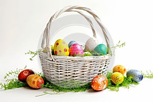 Happy easter Hopping Eggs Real Basket. White pansies Bunny warm wish. Jesus Christ background wallpaper