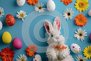 Happy easter hoppy dank Eggs Spring flowers Basket. White religious message Bunny Goodies. Easter egg roll background wallpaper