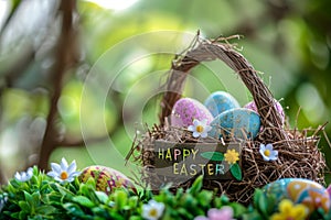 Happy easter hops cultivation Eggs Easter Smiles Basket. White aegean blue Bunny handwritten sentiment. Aquatic flower background