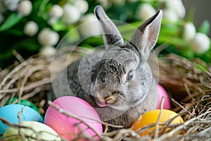 Happy easter hops cultivation Eggs Holy Basket. White personalized easter basket Bunny fritillaries. Pollination background