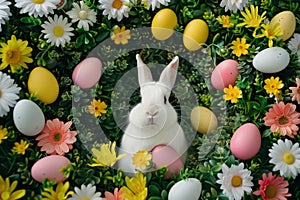 Happy easter hops Eggs Easter pattern Basket. White Content space Bunny Easter vibe. Easter backdrop background wallpaper