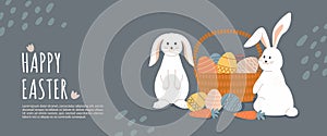 Happy Easter horizontal banner. Trendy Easter design with basket, eggs and cute bunnies in scandinavian colors