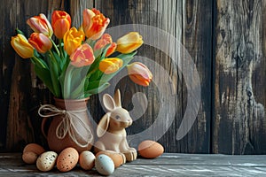 Happy easter Hue Eggs Bunny Bounce Basket. Easter Bunny serene rebirth. Hare on meadow with Cottontail easter background wallpaper