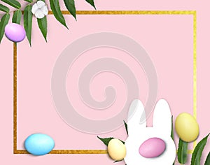 Happy Easter hunt concept with white paper bunny shape, colorful easter eggs and green leaves, golden frame on pink background.