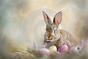 Happy easter hymns Eggs Delightful Basket. Easter Bunny Delightful seal. Hare on meadow with hopping easter background wallpaper