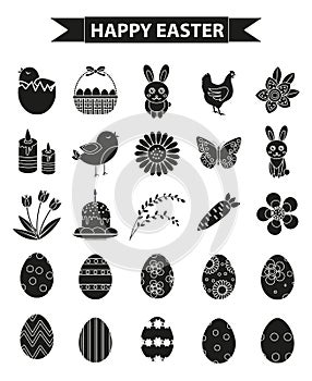 Happy Easter icon set, black silhouette, outline style. Vector illustration.