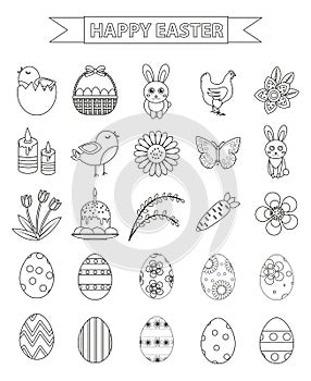 Happy Easter icon set, line style, doodle, hand drawing. Vector illustration.