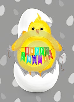 Happy Easter illustration with cute chick in broken egg