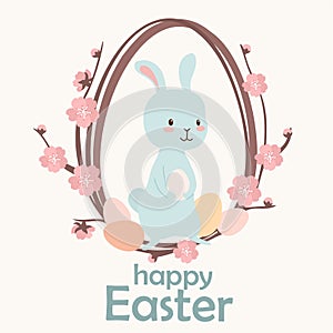Happy Easter illustration. Funny easter bunny. Vector template for banner or greeting card. Can be used as sticker.