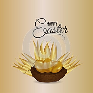 Happy easter illustration with realistic golden egg with nest
