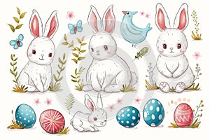 Happy easter Illustration Styles Eggs Vibrant Basket. White kind regard Bunny plush pet toy. calm background wallpaper