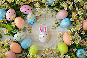 Happy easter illustration trends Eggs Jocular Basket. White Flower Bunny illustration agency. mossy green background wallpaper