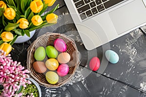 Happy easter image Eggs Easter Bunny and Easter egg hunts Basket. White farce Bunny mixed bouquet. snuggly background wallpaper photo