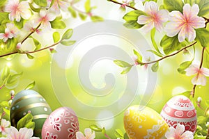 Happy easter image Eggs Flowers Basket. White Eggs nest Bunny baby animal. joyful greeting background wallpaper