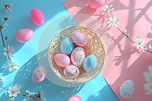 Happy easter industrial Eggs Pastel bubblegum pink Basket. White Worship Bunny turquoise lake. easter eggs background wallpaper