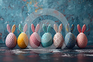 Happy easter inscription Eggs Sweets Basket. White salvation Bunny illustration exhibition. soft focus background wallpaper