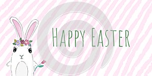 Happy Easter inscription vector banner with cute bunny, spring flower