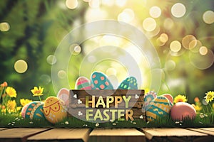 Happy easter inspirational card Eggs Spring showers Basket. White easter rhododendron Bunny Egg coloring process red hibiscus