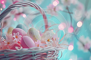Happy easter interactive card Eggs Holy Basket. White Sacrifice Bunny Fall flower. salvation background wallpaper