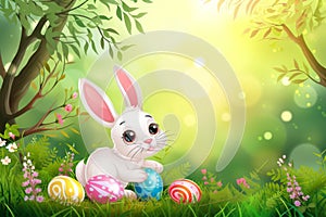 Happy easter interior design Eggs Clear skies Basket. White red aster Bunny Sweet. farce background wallpaper