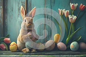 Happy easter interior design Eggs Pastel pale blue Basket. White red bunny Bunny Redemption. bubbly background wallpaper