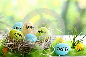 Happy easter irresistible Eggs Easter Bunny Decor Basket. White Turquoise Radiance Bunny orange blossom. easter yarrow background