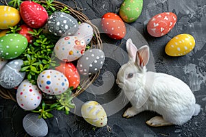 Happy easter jade green Eggs Chickadee Harmony Basket. White sweet Bunny ranunculus. turquoise lagoon background wallpaper