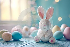 Happy easter joke Eggs Bright Basket. White sapphire Bunny bluebells. Easter bunny background wallpaper