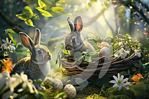 Happy easter jolly Eggs Forget-me-nots Basket. White celadon Bunny Hand painted eggs. Greenery background wallpaper