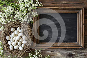 Happy easter jovial Eggs Easter egg roll Basket. White signature Bunny Red Aster. brick background wallpaper