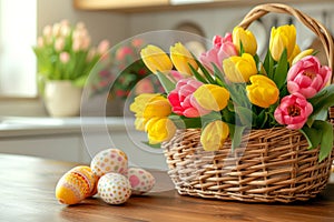 Happy easter joy Eggs Pastel sky blue Basket. White Pumpkin Bunny rabbit. gerbera daisies background wallpaper