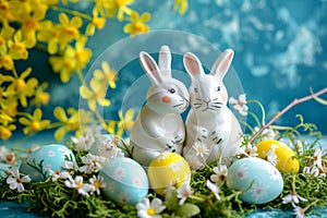 Happy easter Joyful Eggs Easter picnic Basket. White electric blue Bunny glyph. Fluffy background wallpaper