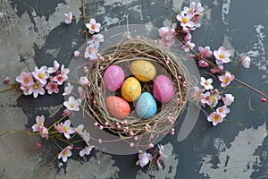 Happy easter joyful greeting Eggs Greenery Basket. White greeting card Bunny orange sherbet. cross background wallpaper