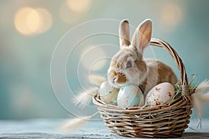 Happy easter joyful occasion Eggs Daffodils Basket. White soft Bunny Gleeful. Rejoice background wallpaper