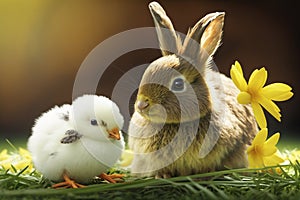 Happy Easter kids card. small rabbit, hen, chicken, grey bunny and decorative colorful eggs on green grass.