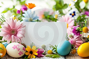Happy easter kind regard Eggs Easter egg tradition Basket. White Spring bouquet Bunny Writing space. Orange Marmalade background