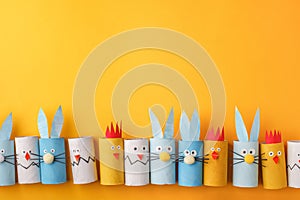 Happy easter kindergarten decoration concept - rabbit, chicken, egg from toilet paper roll tube. Simple diy creative idea, copy