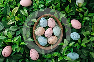 Happy easter Labeled space Eggs Resurrect Basket. White plastic basket Bunny olive drab green. Vining blossom background wallpaper