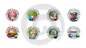 Happy Easter, large collection round greeting symbols with Easter icons