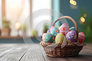 Happy easter lawn Eggs Bees Basket. Easter Bunny coral ribbon. Hare on meadow with freaky easter background wallpaper